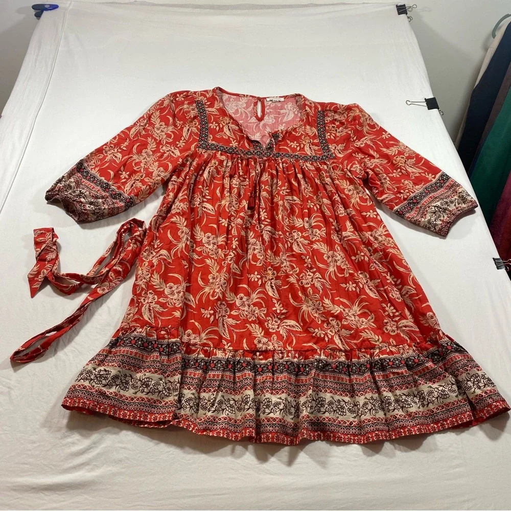Beach Lunch Lounge Red Floral Boho Dress Belted Women’s XXL mini A-line Dress - Picture 8 of 9